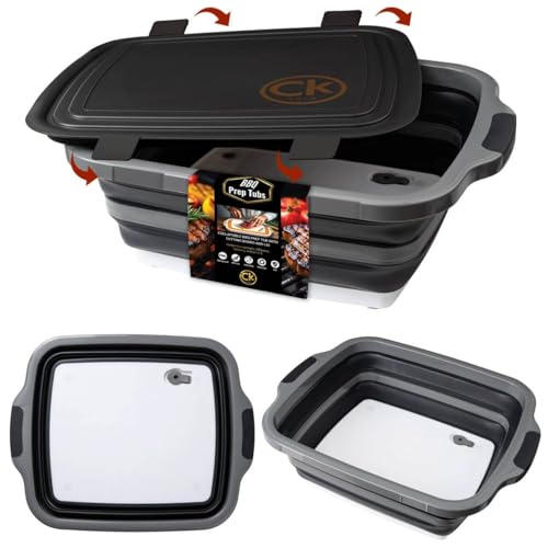 Collapsible BBQ Prep Tub - Includes Cutting Board, LOCKING Lid & Strong Drain Hole for Meal Prep & Marinating | BPA-Free, Food-Grade BBQ & Meat Prep Tubs, Best Grilling Gifts (Black, 8 L) - color: Black, size: 8 Liters
