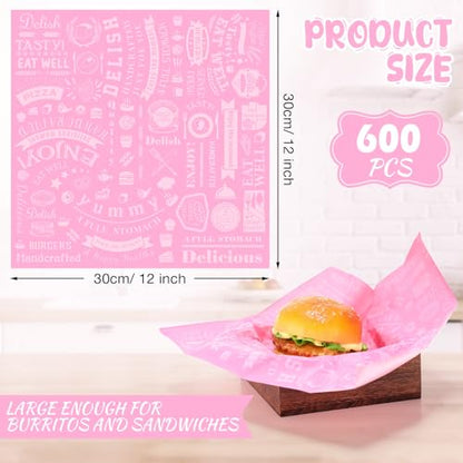 Outus 600 Pcs 12 x 12 Inch Deli Wax Paper Sheets Grease Resistant Tray Basket Liners Newsprint Paper Water and Grease Proof Sandwich Wrapping Square Hot Dog Wrappers for Food Baking (Pink) - color: Pink