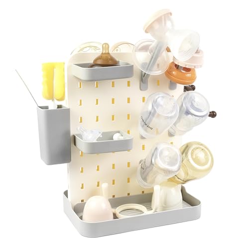 Baby Bottle Drying Rack Space Saving Countertop Vertical Rack with Brushes Holder (Gray) - color: Gray