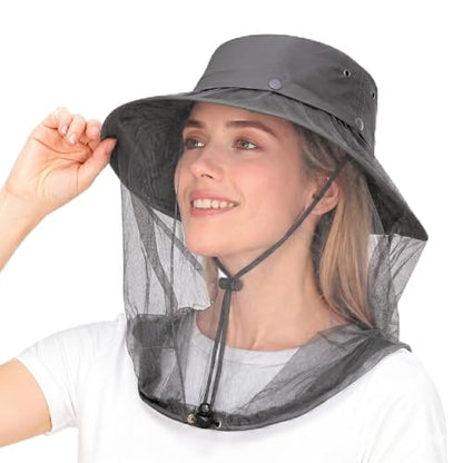 Wide Brim Bucket Sun Hat with Concealable Mosquito Mesh, Adjustable Chin Strap for Fishing, Gardening, Hiking & Camping - color: Dark Gray