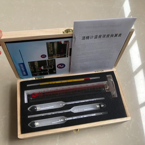 5 Pieces Hydrometer Alcohol Meter Test Kit 0-100% Household Alcohol Hydrometer Concentration Meter Tester for Spirits/Distillates Whiskey with Thermometer Glass Cylinder Wooden Storage Box
