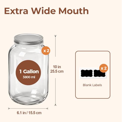 ComSaf 128 oz Wide Mouth Mason Jars 2 Pack, 1 Gallon Glass Jars with Lids | BPA-Free Materials, Large Size, Canning Pickling Sauce, Meal Prep Salad, Sourdough, Flour And Sugar For Baking, Food Storage - size: 1Gallon wide mouth 2PCS