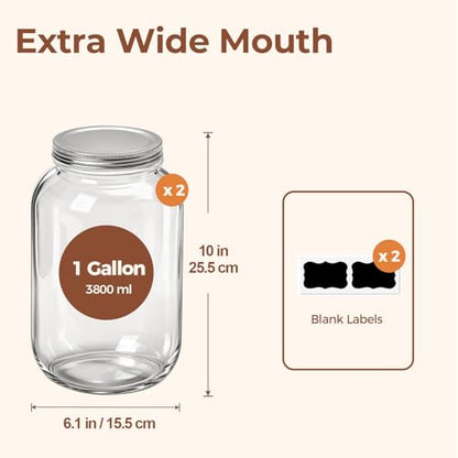 ComSaf 1 Gallon Wide Mouth Mason Jars 2 Pcs, 128 oz Glass Jars with Lids, Flour Sugar Storage Containers, Large Glass Containers for Pickles, Fermented Food, Sourdough Starter, Food Storage - size: 1Gallon wide mouth 2PCS
