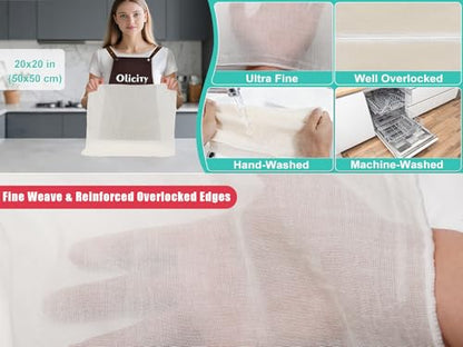 Olicity Cheese Cloths, 2Pack, Double-Layer, 20x20Inch, Reusable Grade 90 Cheese Cloth Bag for Straining, Hemmed Unbleached Cotton Precut Fine Mesh Muslin Cheesecloth for Juicing, Butter, Canning