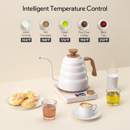 Electric Gooseneck Kettle, 30oz/0.9L Intelligent Temperature Control, Quick Heating, 304 Stainless Steel for Pour Over Coffee, Brew Tea, Boil Hot Water, 1000W （White） - color: White