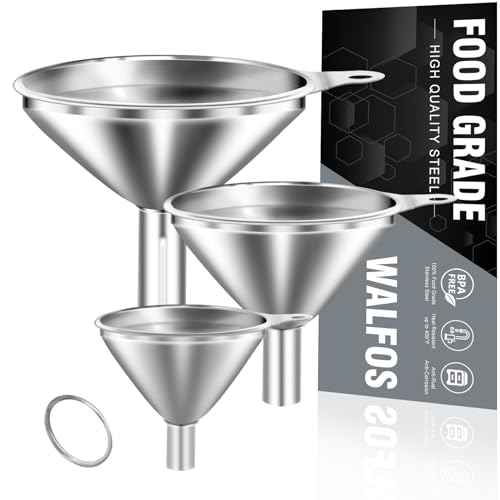 WALFOS Mini Stainless Steel Funnels, Multi-use Small Kitchen Funnel Set, for Transferring Liquid, Fluid, Essential Oils, Powder,Tiny Spices,Long-Lasting and Dishwasher Safe (3 in、2.2 in、1.7in) - color: 3pcs funnel 7.5+5.5+4.5 cm