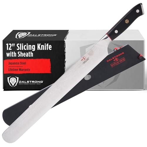 Dalstrong Carving Slicing Knife - 12 inch - Shogun Series ELITE - Granton Edge - Japanese AUS-10V Super Steel Kitchen Knife - Damascus - Vacuum Treated - Slicer Kitchen Knife - Sheath Included - color: Black, size: 12"