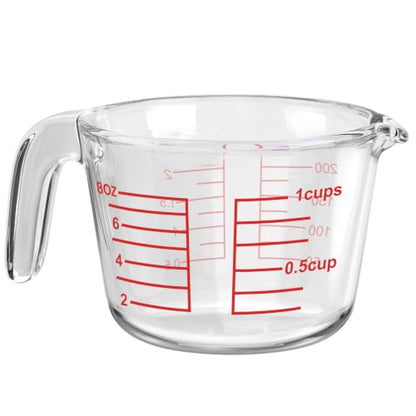 Glass Measuring Cup with V-Shaped Spout & Insulated Handle, 1 Cup(8oz) | 250ml Borosilicate Liquid Measure Cups with Heat Resistant, Microwave Safe, Clear, Easy Pour for Kitchen Baking and Cooking