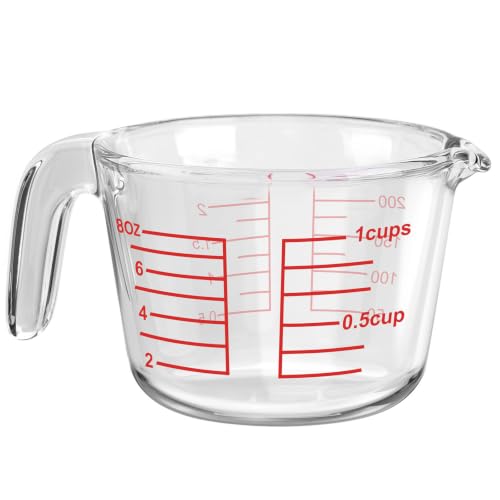 Glass Measuring Cup with V-Shaped Spout & Insulated Handle, 1 Cup(8oz) | 250ml Borosilicate Liquid Measure Cups with Heat Resistant, Microwave Safe, Clear, Easy Pour for Kitchen Baking and Cooking
