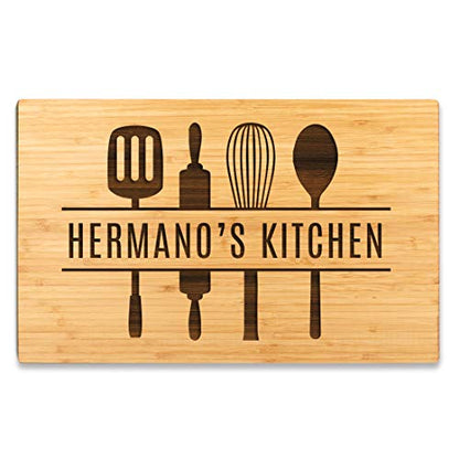 Andaz Press Large Bamboo Wood Cutting Board Gift, 17.75 x 11-inch, Hermano's Kitchen, Utensils Graphic, 1-Pack, Laser Engraved Serving Chopping Board Christmas Birthday Chef Kitchen Ideas - color: Hermano