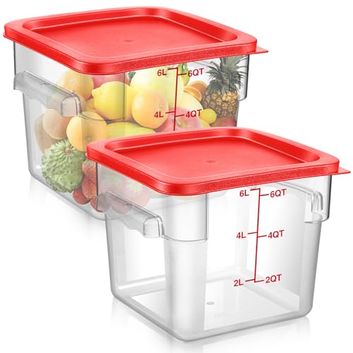 Suclain 2 Pcs Square Food Storage Container Polycarbonate Clear Food Container with Red Lid Commercial Rice Storage with Red Graduations for Commercial Kitchen (6 Qt) - color: Red, size: 6 Qt