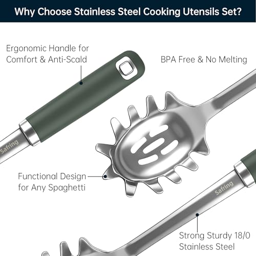 Safring Stainless Steel Soup Ladle and Spaghetti Spoon Set, Heat Resistant Rubber Handle, Dishwasher Safe, Kitchen Utensils for Cooking, Stirring, Serving Pasta, Soup & Sauce (Hunter Green) - color: Hunter Green