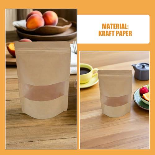 50pcs Kraft Paper Food Storage Bags with Window, Stand-up Resealable Pouches for Cheese and Candy, Reusable Kraft Sealable Pouches for Travel and Pantry Organization