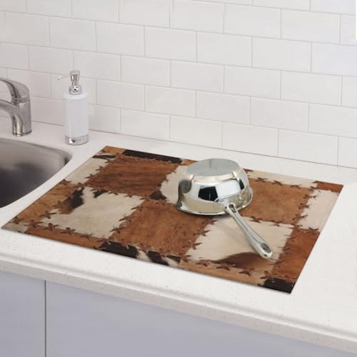 Cowhide Dish Drying Mat Patchwork Cow Fur Print Farm Animal Western Cowboy Drying Rack Pad Countertop Dishes Ultra Absorbent Microfiber Kitchen Counter Mat 18x24 Inch - color: Brown Beige