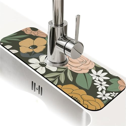 Kitchen Sink Splash Guard，Vintage Large Floral Faucet Mat Sink Gadgets-Super Absorbent Fast Drying Mat Drip Catcher for Kitchen, Bathroom,Sink Mat, Dish Drying Mat, Bathroom(15" X 5.5" ) - color: Vintage Large Floral