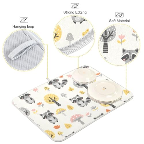 Raccoon Tree Mushroom Dish Drying Mat for Kitchen Counter Super Absorbent Draining Mat with Non-slip Backed Sink Tray Mat for Sinks Countertops Draining Racks Dish Bottles Cups Bowl