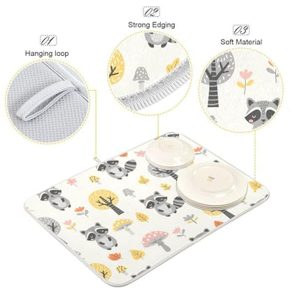 Raccoon Tree Mushroom Dish Drying Mat for Kitchen Counter Super Absorbent Draining Mat with Non-slip Backed Sink Tray Mat for Sinks Countertops Draining Racks Dish Bottles Cups Bowl