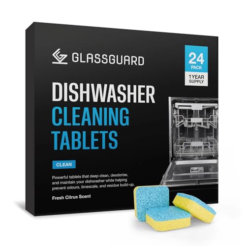 GLASSGUARD Dishwasher Cleaning Tablets - Deep-Clean Dishwasher, Remove Grease, Limescale & Food Residue, Safe for All Dishwashers, Monthly Maintenance Tabs (Pack of 24)