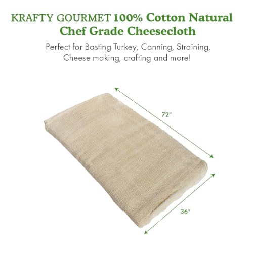 Krafty Gourmet 100% Cotton Cheesecloth For Straining, Basting Turkey, Canning, Cheese-making, Crafting, No Dyes or Bleach, Natural Standard, 2yd, (36” x 72”)