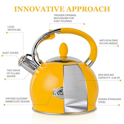 SUSTEAS Stove Top Whistling Tea Kettle - Food Grade Stainless Steel Teakettle Teapot with Cool Touch Ergonomic Handle, With 1 Silicone Pinch Mitt Included, 2.64 Quart,YELLOW - color: Yellow