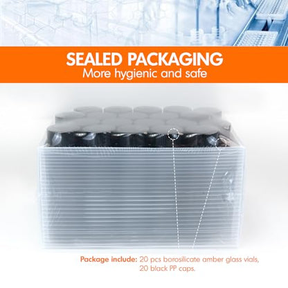 PEKYBIO 20 PCS 40ML Amber Small Liquid Sample Glass Vials with Screw Caps, 27.5mmx 95mm Leak-Proof Vial, 24-400 Black Screw Cap with PE Liners for Lab, Essential Oil, Perfume, Reagents - size: 27.5*95mm 40ml Vial
