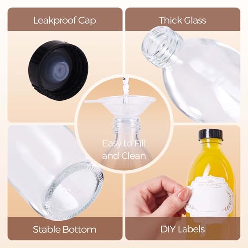 8oz Glass Juice Bottle with Lids, 3 Pack Clear Small Glass Bottles Leakproof Refilllable Sample Dispensing Bottles for Juicing, Homemade Vanilla Extract, Essential Oils, Smoothies, Ginger Shots - color: Clear