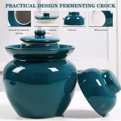 Peacock Green Retro Fermentation Crock, Old Traditional Water-Sealed Kimchi Jar, Thickened Ceramic Pickling Crock, Enameled Inside and Outside(5kg/176.4oz) - size: 5kg/176.4oz
