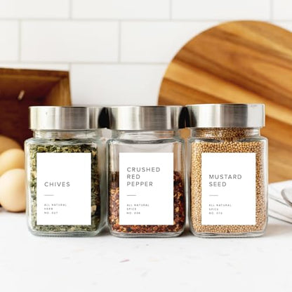 250 White Spice Labels by ThreeKin | Waterproof & Oil-Resistant Pre-Printed Stickers for Spice Jars | Durable, BPA-Free Seasoning Labels | Easy-Clean, No-Residue Design | Proudly Female & USA Owned - color: White