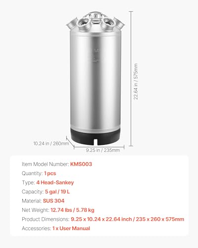 VEVOR Cleaning Keg, 5 Gallon/19L Keg Line Cleaning Kit with 4 D Coupler Connections & Rubber Base, Beer Lines Cleaner Used for Beer Line Cleaning, 304 Stainless Steel Kegerator Beers Lines Cleaner Kit - size: 5 Gal - Cleaning Keg