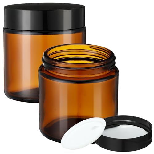 2 Pcs 4 oz Amber Glass Jars with Black Lids Leakproof Round Airtight Jars Empty Cosmetic Jars with Inner Liners Lid for Candle Making Storing Lotions Spice Powder Liquid Sample Makeup (Black,Amber) - color: Amber, size: 4 oz(2 Pcs)
