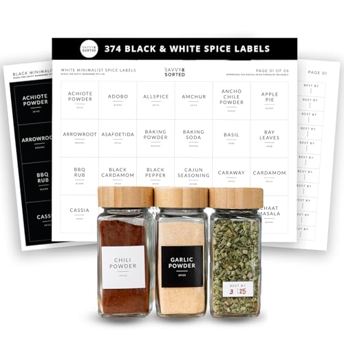 Square Spice Jar Labels Stickers, 374 Preprinted Waterproof Spice Labels for Glass Jars Bottles, Herbs Seasonings Label Only, Kitchen Pantry Organization - style: White & Black Spice Labels