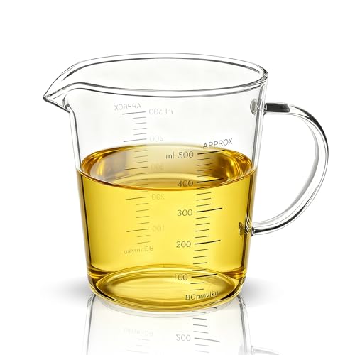BCnmviku Glass Measuring Cups High Borosilicate 500ML 2CUPS [Insulated Handle | V-Shaped Spout]For Prepping Baking and Cooking Preheated Oven Dishwasher Freezer and Microwave Safe - size: 500ml