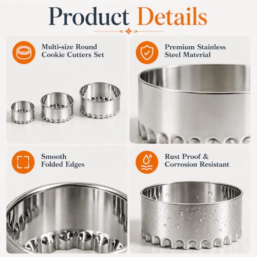 Biscuit Cutters, Round Cookie Cutters/Stainless Steel Dumpling Cutters/Cake Pastry Cutters/Scone Cutters Molds stamps for Cooking Baking (3Pcs, Fluted Edge) - size: 3Pcs, Fluted Edge