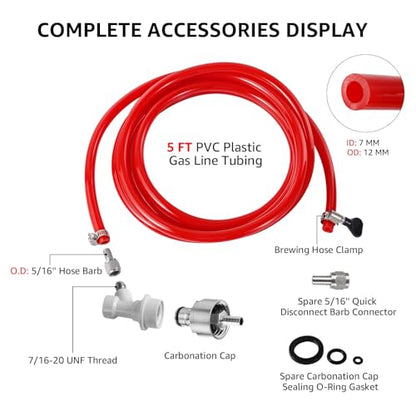 5 Feet Ball Lock Disconnect Gas Tubing Line Stainless Steel Carbonation Cap Kit for Soda Beer PET Bottle CO2 Regulator Keg Tap