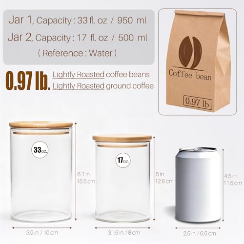 Glass Food Storage Jars with Airtight Lids, Clear Glass Jar with Bamboo Lid, Airtight Food Canister for Tea, Candy, Coffee, Sugar, Cookie, Snack. (Round | 5+6 Inch | 33+17 oz) - color: Round 2 Pack (33+17oz)