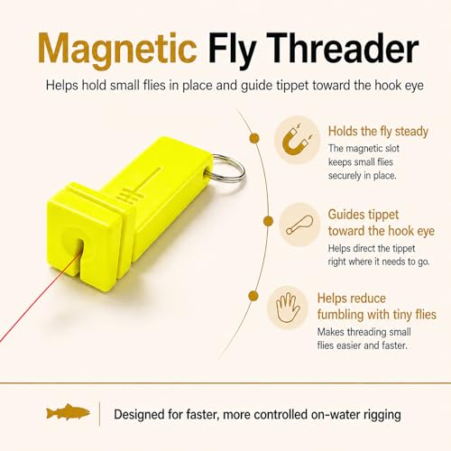 Fly Fishing accessories- Magnetic Fly Threader Bright Orange, 4-Slot Precision Threading Tool for Fly and Ice Fishing, Lightweight Plastic Hook Threader with Keychain for Wading Low Light Cold Hands | Magnetic Fly Threader for Tiny Hook Eyes, Cold Hands,