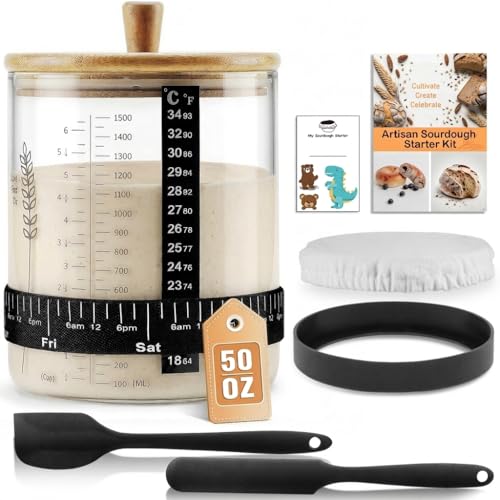 SheeChung 50oz Sourdough Starter Jar, Wide Mouth Sourdough Jar Glass, Bamboo Lid, Cloth Cover, Date Tracker, Scraper, Sourdough Starter Kit, Fermentation Jars, Sour Dough Bread Baking Supplies, 1 Pack - size: 50 Ounce (Pack of 1)