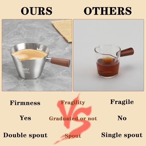 Mongdio Espresso Measuring Cup, Stainless Steel Espresso Shot Cups with Wooden Handle and Double Spouts, 6.8OZ/200ML, Silver - color: Silver, size: 6.8oz