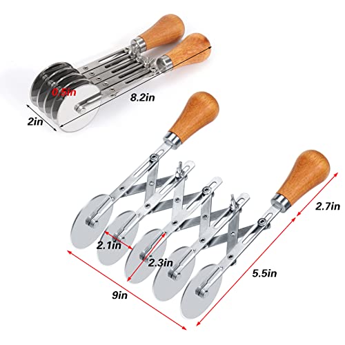 Juome 5 Wheel Pastry Cutter with Wooden Handle, Multi-Round Wheel Pasta Dough Cutter Roller Pizza Slicer Accordion Pastry Knife Divider Tool - color: 5 wheel Pastry Cutter with Wooden Handle