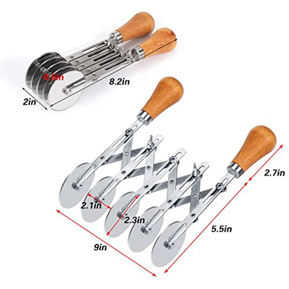 Juome 5 Wheel Pastry Cutter with Wooden Handle, Multi-Round Wheel Pasta Dough Cutter Roller Pizza Slicer Accordion Pastry Knife Divider Tool - color: 5 wheel Pastry Cutter with Wooden Handle