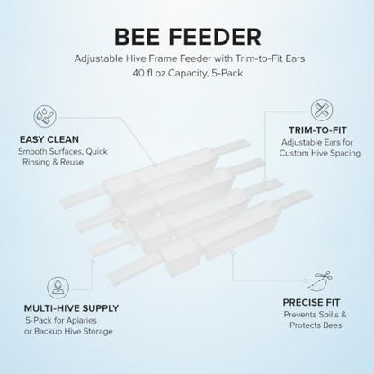 Bee Feeder, Adjustable Hive Frame Feeder with Adjustable Ears for Langstroth Hives, 40 fl oz Capacity, 5-Pack
