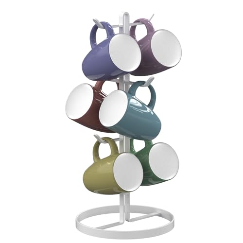 Mug Holder Tree,Coffee Mug Tree with 6 Hooks, Coffee Cup Holder,Stainless Steel Home Storage Mug Standing Rack for Big Mugs,Coffee Cup Countertop Stand Holders (White) - color: White
