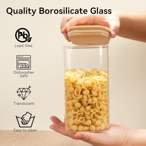 Glass Spaghetti Pasta Storage Container - 3 Pack 2.5 QT Airtight Food Storage Jar Set with Bamboo Lid Labels -Tall Square Kitchen Pantry Canister Organizers for Noodle Cookies Flour Cereal Coffee Bean - size: 82oz*3