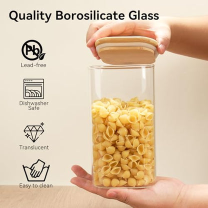 Glass Spaghetti Pasta Storage Container - 3 Pack 2.5 QT Airtight Food Storage Jar Set with Bamboo Lid Labels -Tall Square Kitchen Pantry Canister Organizers for Noodle Cookies Flour Cereal Coffee Bean - size: 82oz*3