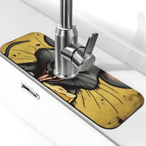 Faucet Mat For Kitchen Sink Super Absorben Diatomite Fast Drying Stone Faucet Suction Pad 15 X 5.5 Inch Non-Slip Washable Sink Mat Gadgets For Bathroom Kitchen Counter Rat Eats A Piece Of Cheese