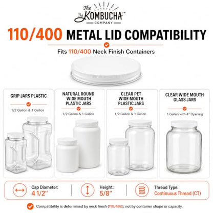 White Metal Lid for 1 Gallon & 1/2 Gallon Wide Mouth Glass Jars – 110mm (4.33") ID & (4.50") OD Fit – Food-Grade, Leak-Resistant Caps (Jars Not Included)