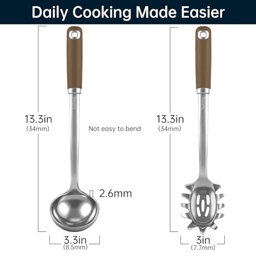 Safring Stainless Steel Soup Ladle and Spaghetti Spoon Set, Heat Resistant Rubber Handle, Dishwasher Safe, Kitchen Utensils for Cooking, Stirring, Serving Pasta, Soup & Sauce (Coffee) - color: Coffee