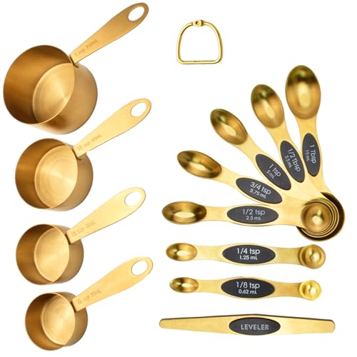 12-Piece Gold Magnetic Measuring Cups and Spoons Set，4 Premium Stainless Steel Gold Measuring Cups，8 Magnetic Measuring Spoons Set with Leveler，Measuring for Dry & Liquid Cooking Baking for Kitchen