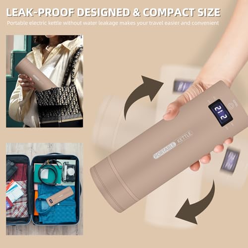 Travel Electric Kettle Portable Small Mini Tea Coffee Kettle Water Boiler, Water Heater with 4 Temperature Control,304 Stainless Steel with Auto Shut-Off & Boil Dry Protection, BPA-Free (Khaki) - color: Khaki