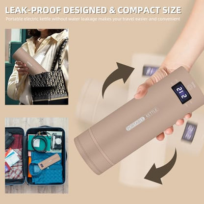 Travel Electric Kettle Portable Small Mini Tea Coffee Kettle Water Boiler, Water Heater with 4 Temperature Control,304 Stainless Steel with Auto Shut-Off & Boil Dry Protection, BPA-Free (Khaki) - color: Khaki
